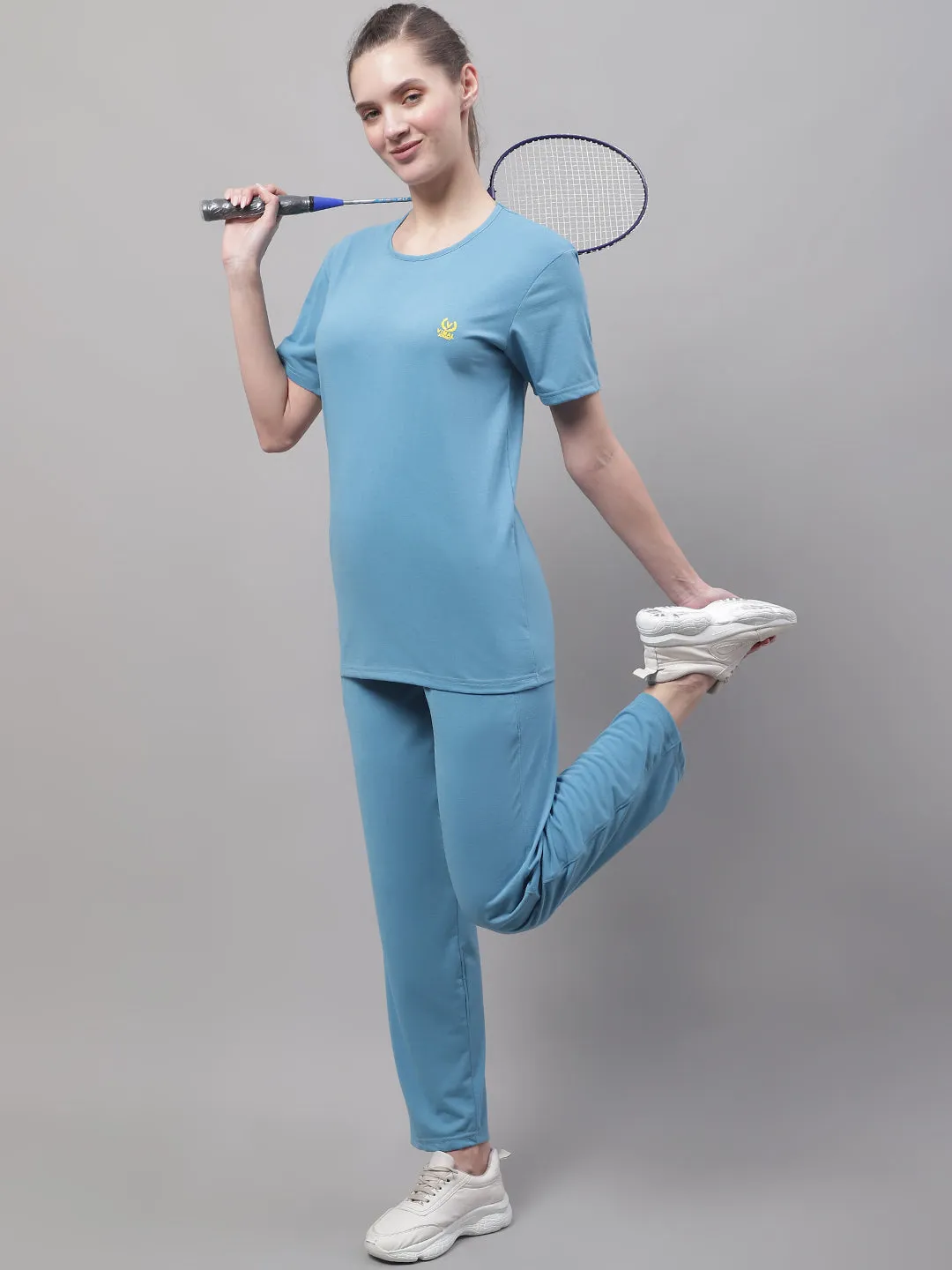 Vimal Jonney Blue Cotton Solid Co-ord Set Tracksuit For Women